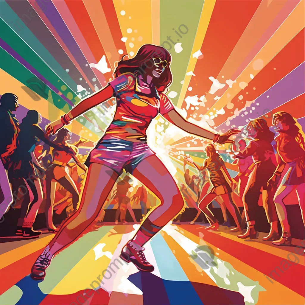 Colorful pop art depiction of a lively 1970s roller disco - Image 1