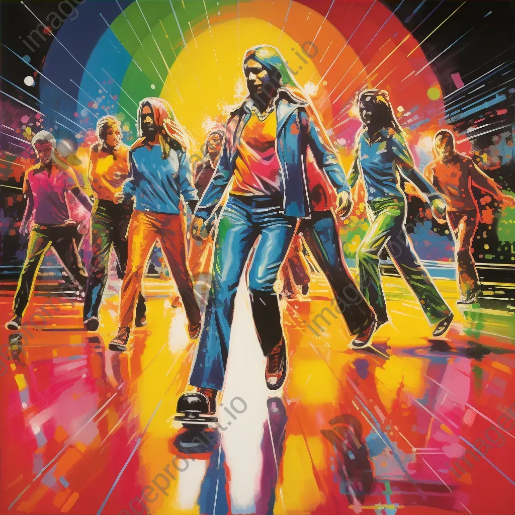 Colorful pop art depiction of a lively 1970s roller disco - Image 4