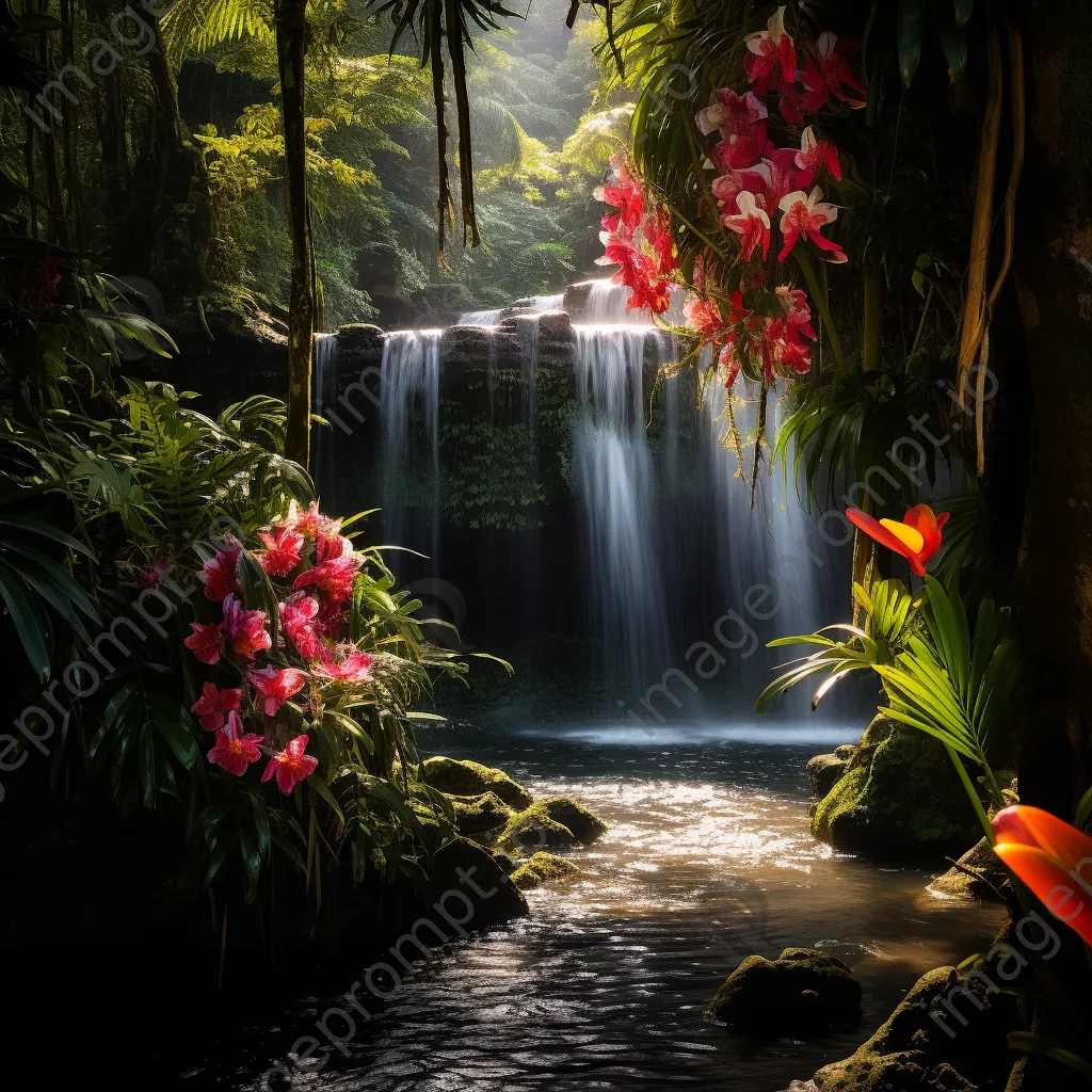 Gently flowing waterfall in lush rainforest with colorful flowers - Image 1