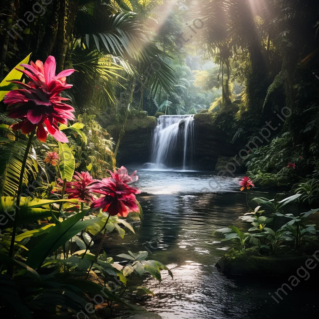 Gently flowing waterfall in lush rainforest with colorful flowers - Image 3