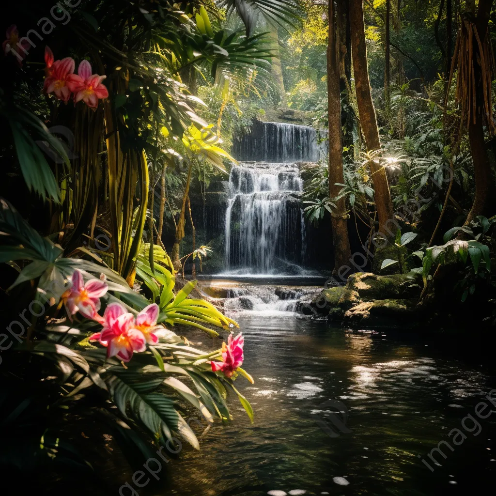 Gently flowing waterfall in lush rainforest with colorful flowers - Image 4