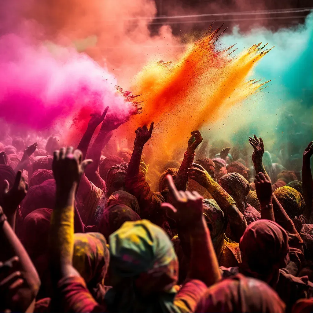 Image of a Holi festival celebration in India with people throwing brightly colored powders in the air - Image 1