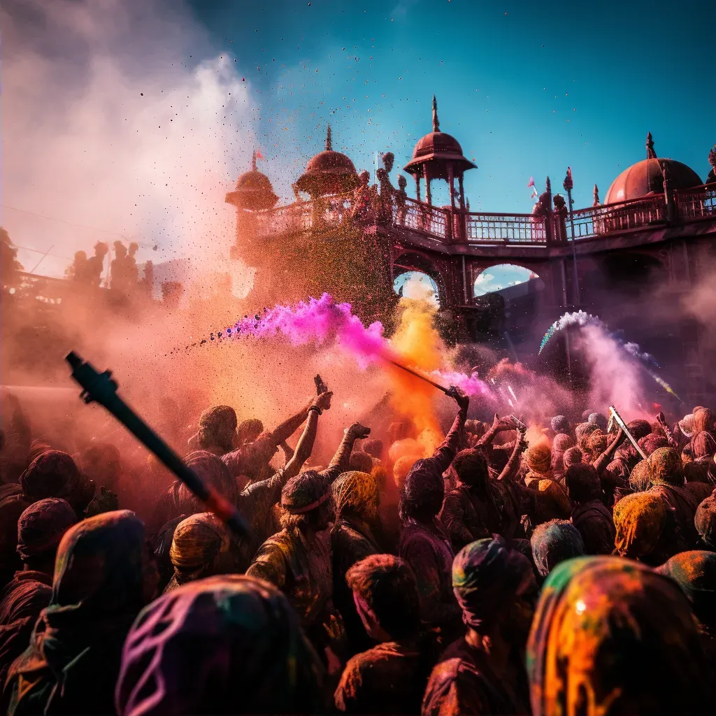 Image of a Holi festival celebration in India with people throwing brightly colored powders in the air - Image 2