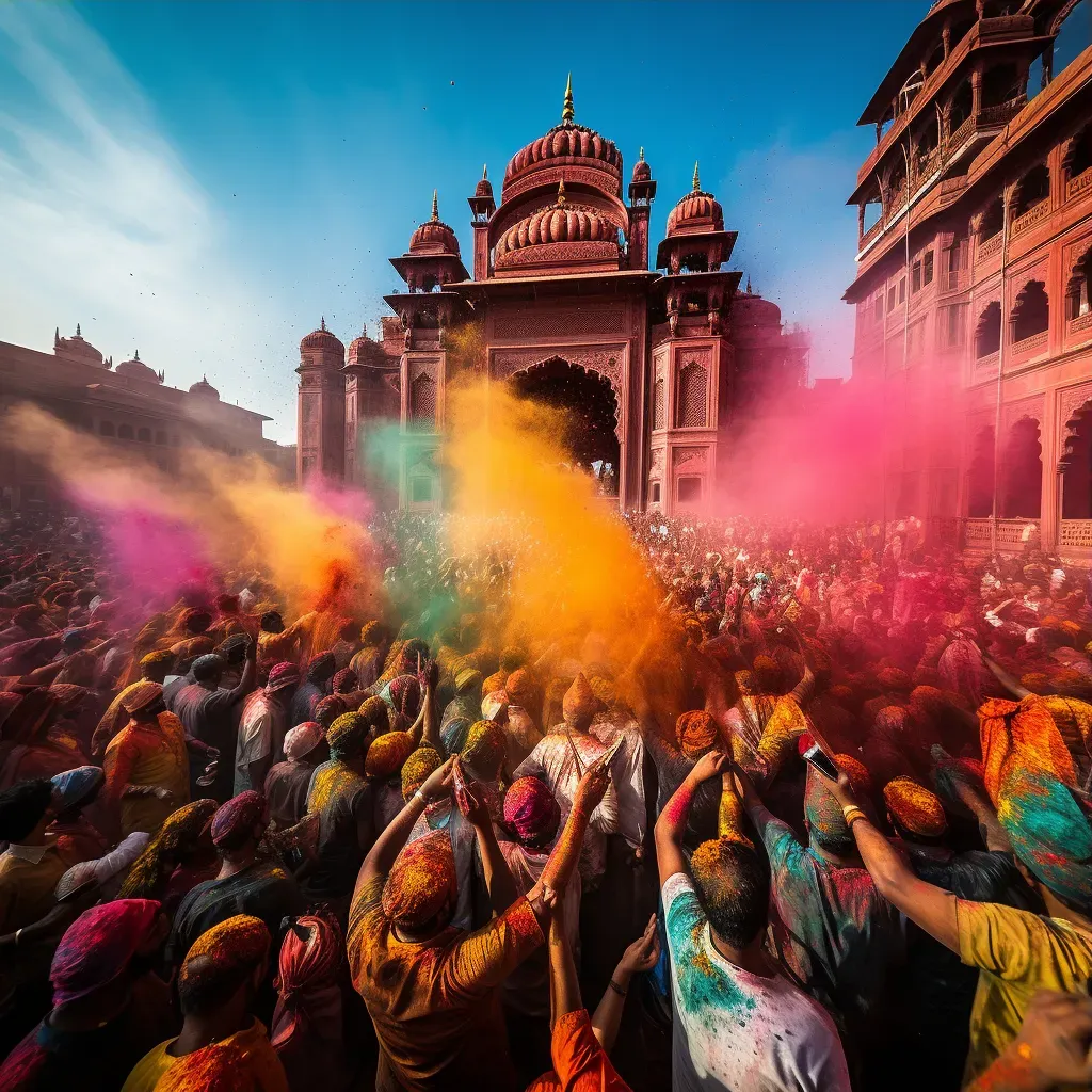 Image of a Holi festival celebration in India with people throwing brightly colored powders in the air - Image 3