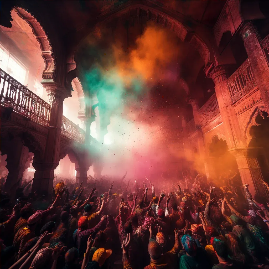 Image of a Holi festival celebration in India with people throwing brightly colored powders in the air - Image 4