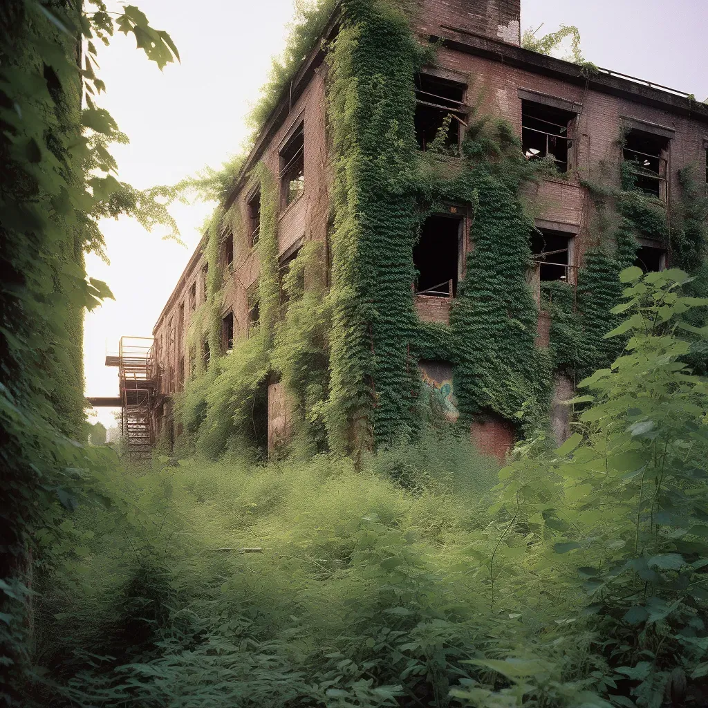 Abandoned factory being reclaimed by nature with vines and wildlife - Image 1