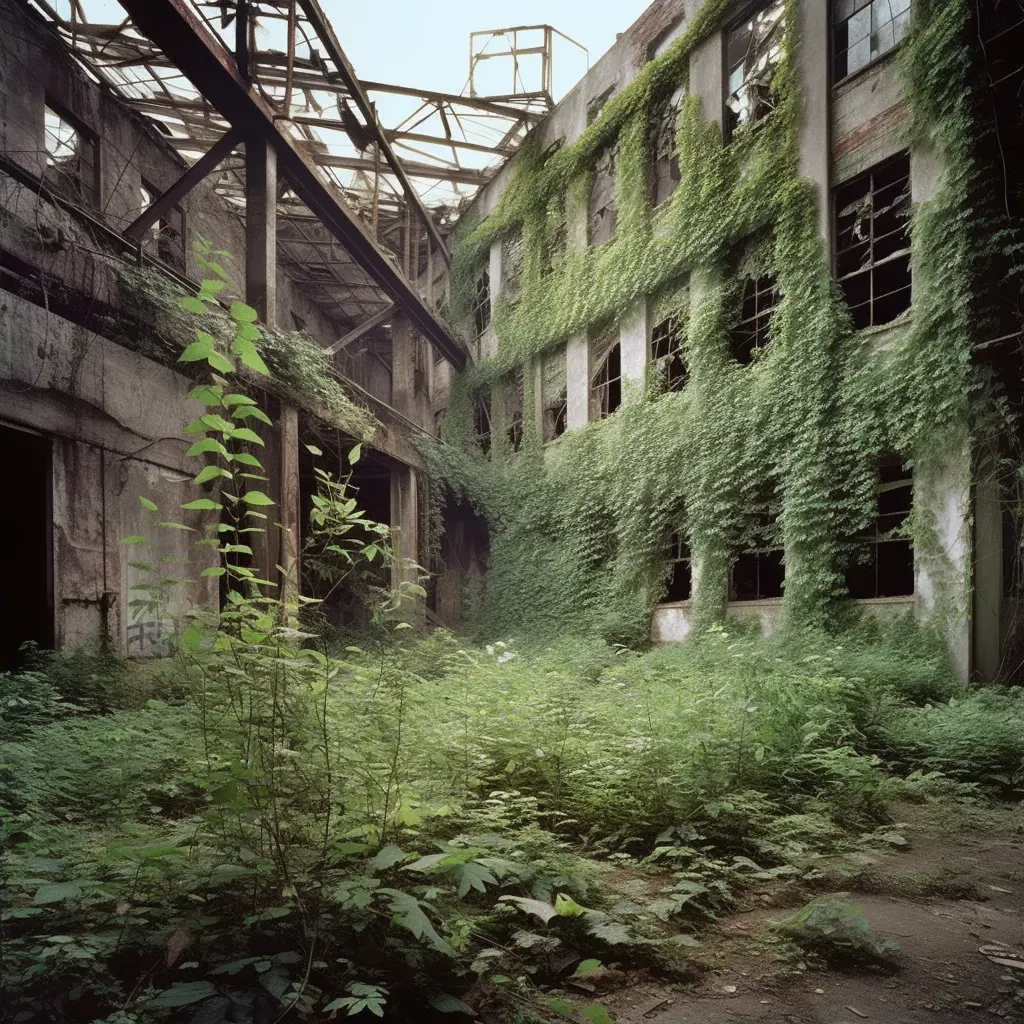 Abandoned factory being reclaimed by nature with vines and wildlife - Image 2