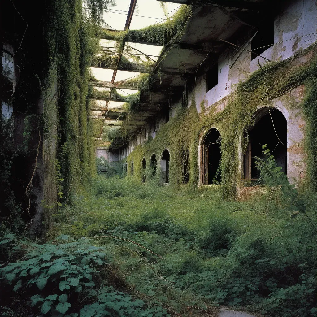 Abandoned factory being reclaimed by nature with vines and wildlife - Image 3