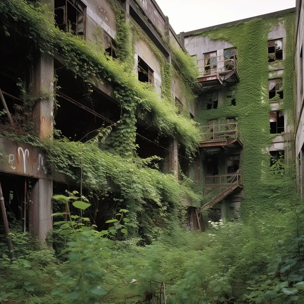 Abandoned factory being reclaimed by nature with vines and wildlife - Image 4