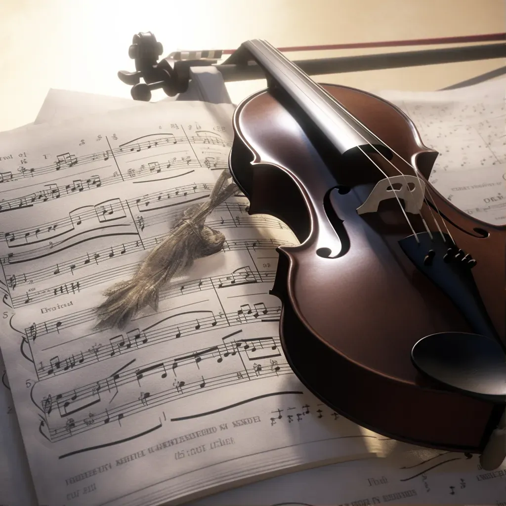 Close-up view of a violin and bow on a music sheet with soft lighting - Image 1