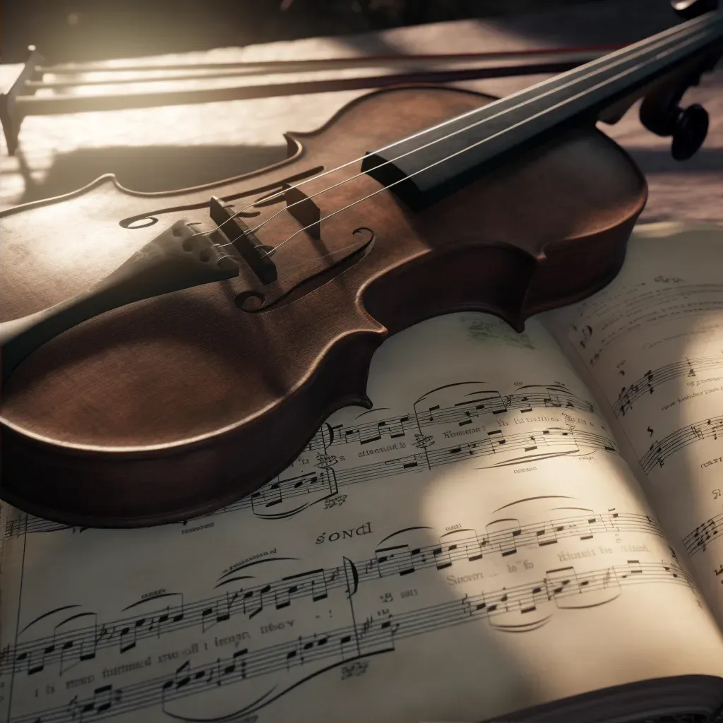 Close-up view of a violin and bow on a music sheet with soft lighting - Image 2