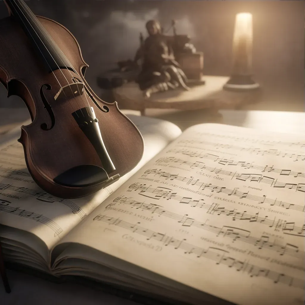 Close-up view of a violin and bow on a music sheet with soft lighting - Image 3