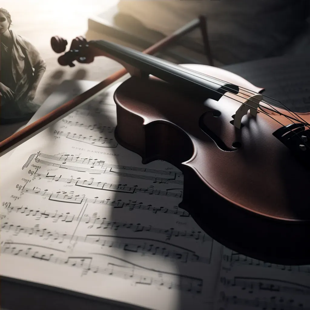 Close-up view of a violin and bow on a music sheet with soft lighting - Image 4