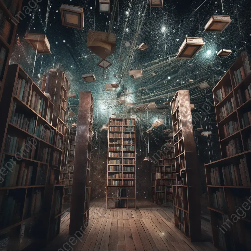 Cosmic library with stardust books and flipping pages - Image 1