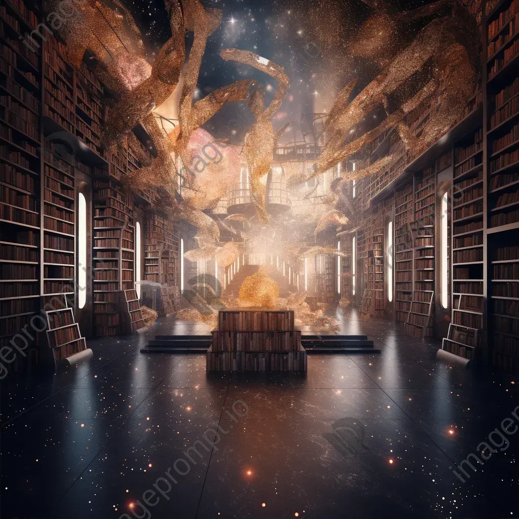 Cosmic library with stardust books and flipping pages - Image 2