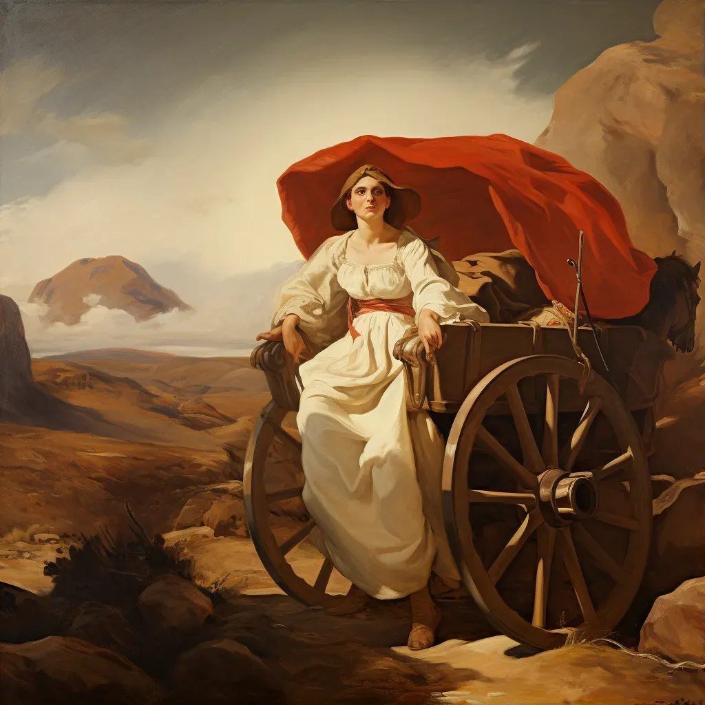 Pioneer woman with covered wagon traveling in barren landscape under scorching sun - Image 1