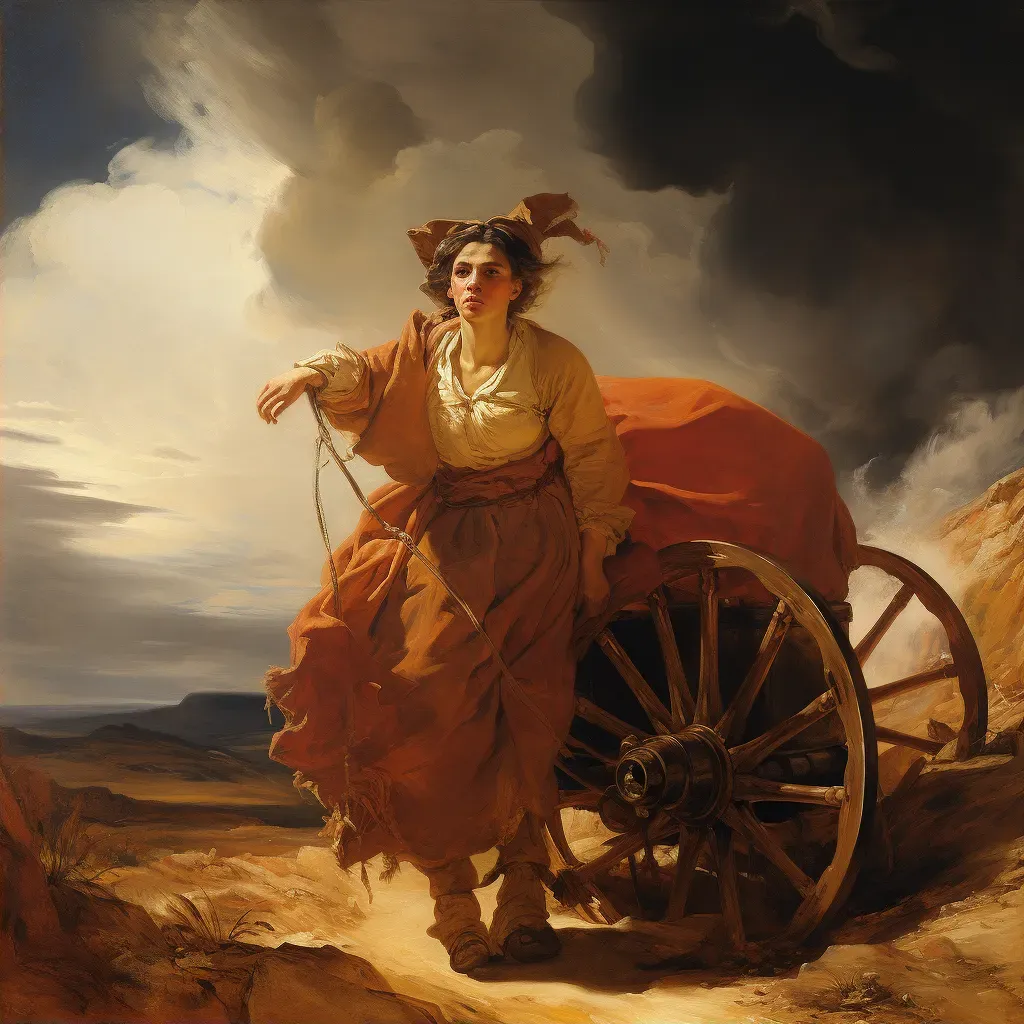 Pioneer woman with covered wagon traveling in barren landscape under scorching sun - Image 2