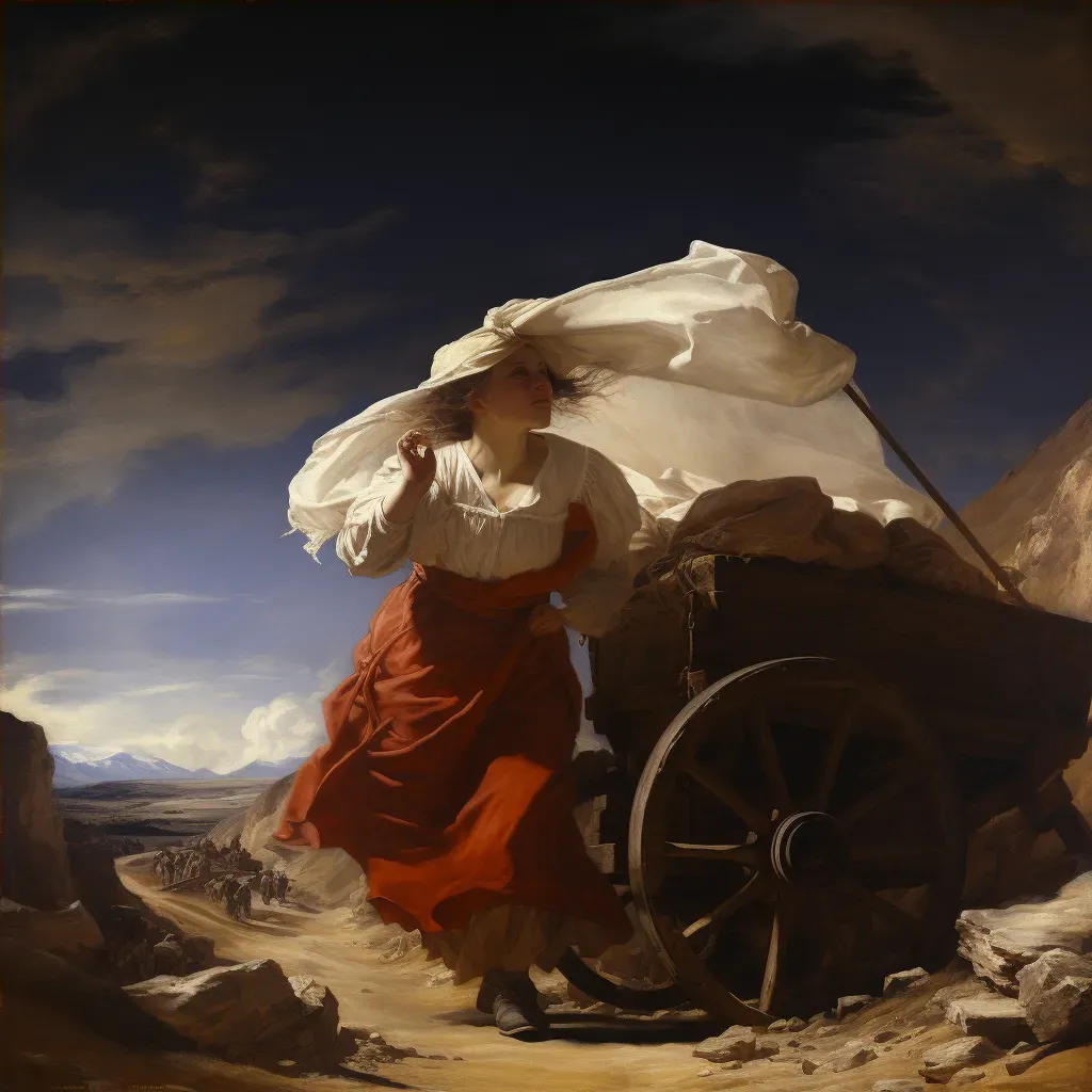 Pioneer woman with covered wagon traveling in barren landscape under scorching sun - Image 4