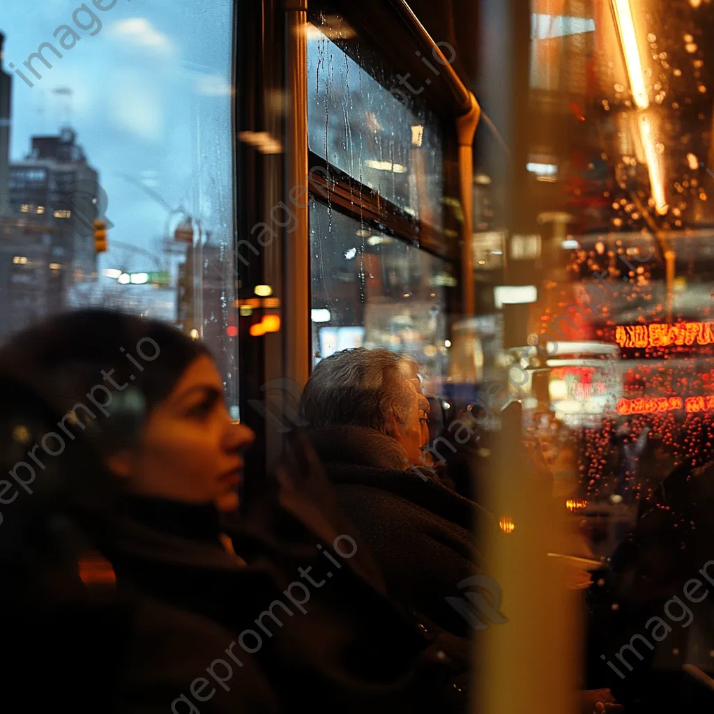 Passengers in a bus looking out large windows, reflecting the lively city. - Image 1