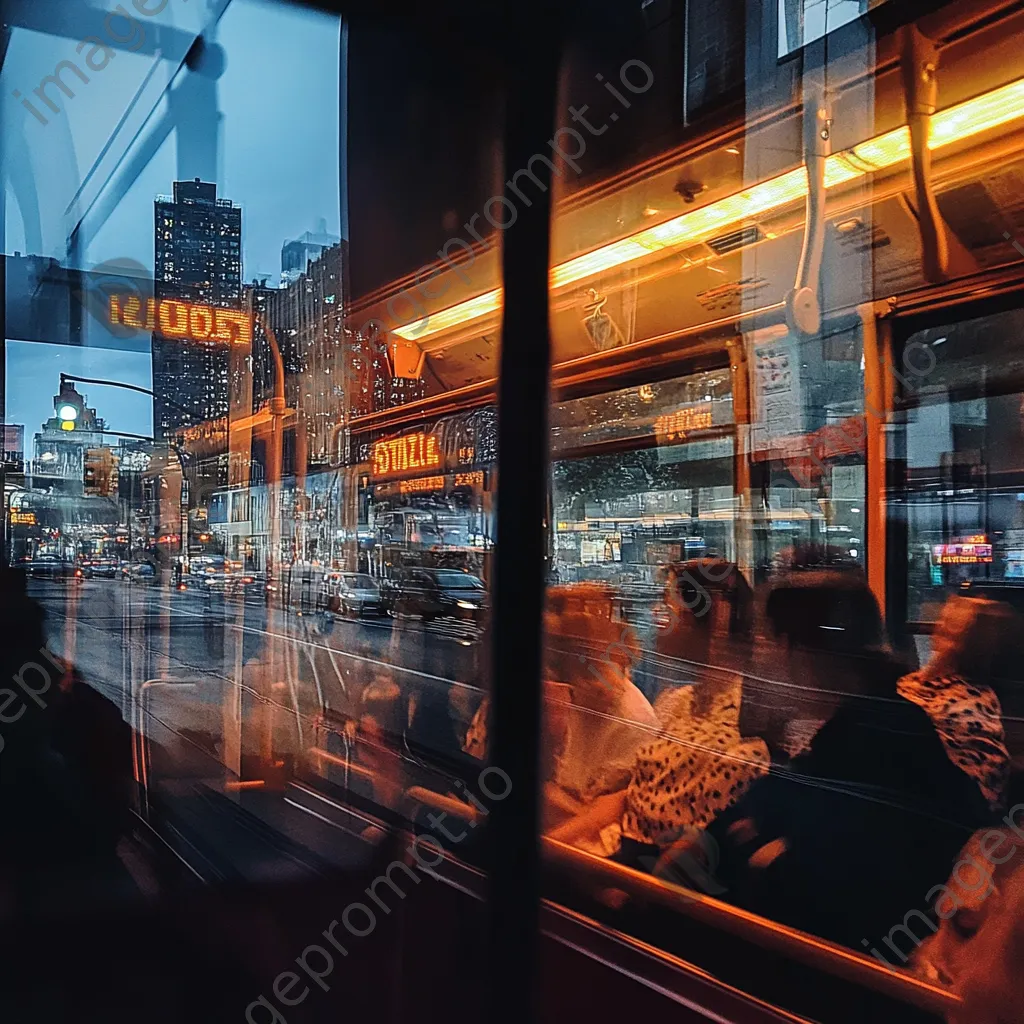 Passengers in a bus looking out large windows, reflecting the lively city. - Image 2