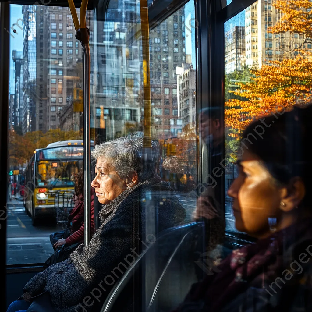 Passengers in a bus looking out large windows, reflecting the lively city. - Image 3