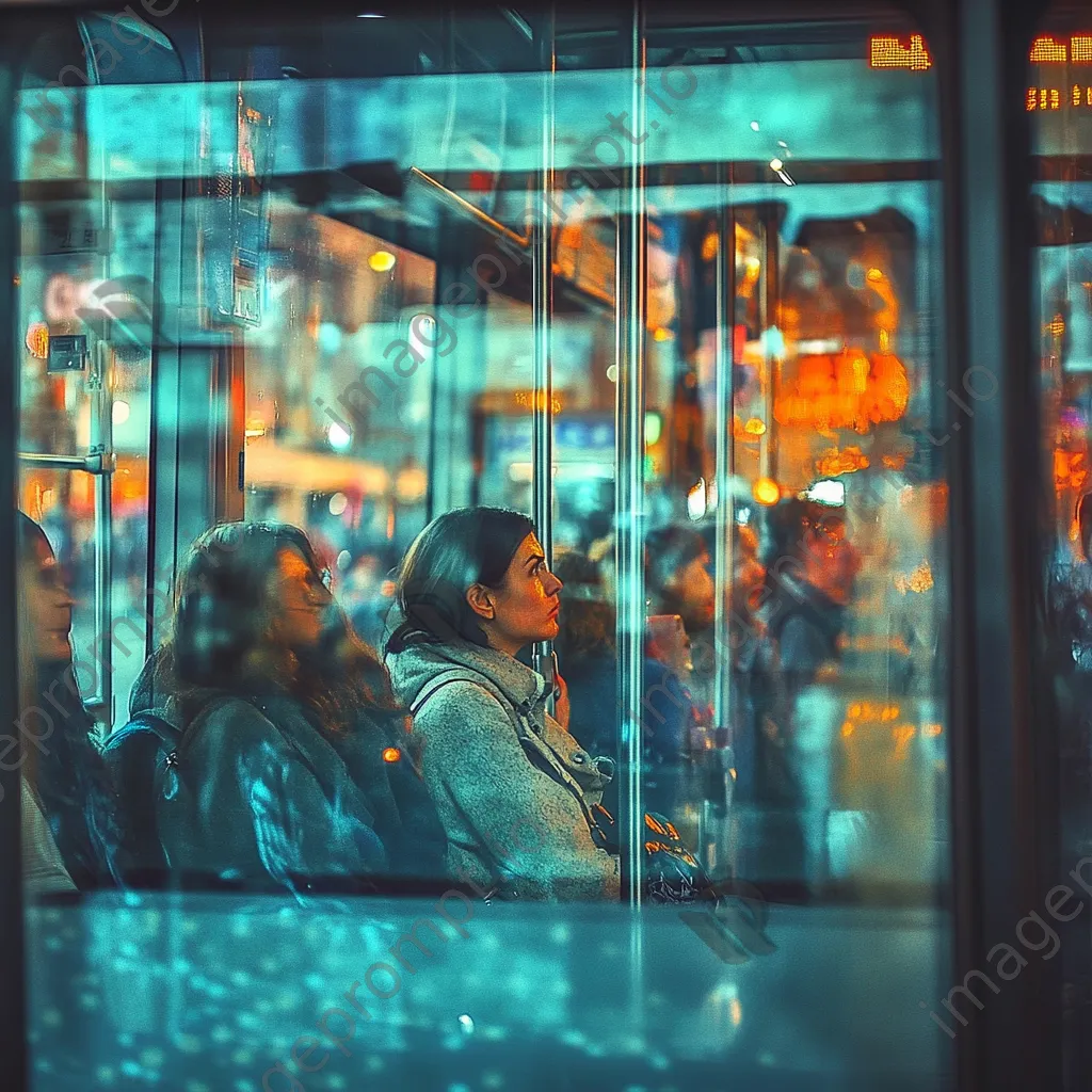 Passengers in a bus looking out large windows, reflecting the lively city. - Image 4