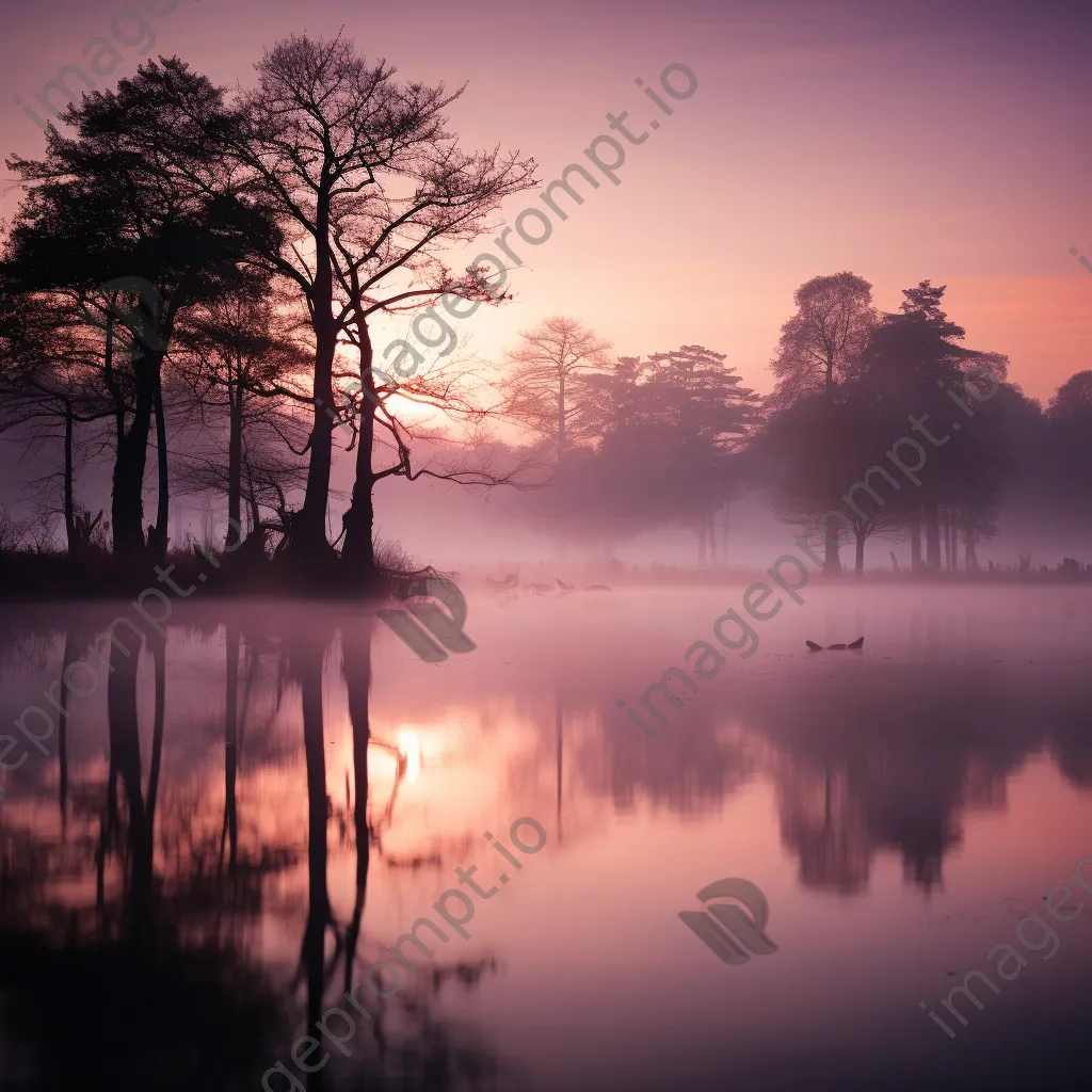 Misty morning landscape with a lake and trees reflected in water - Image 1