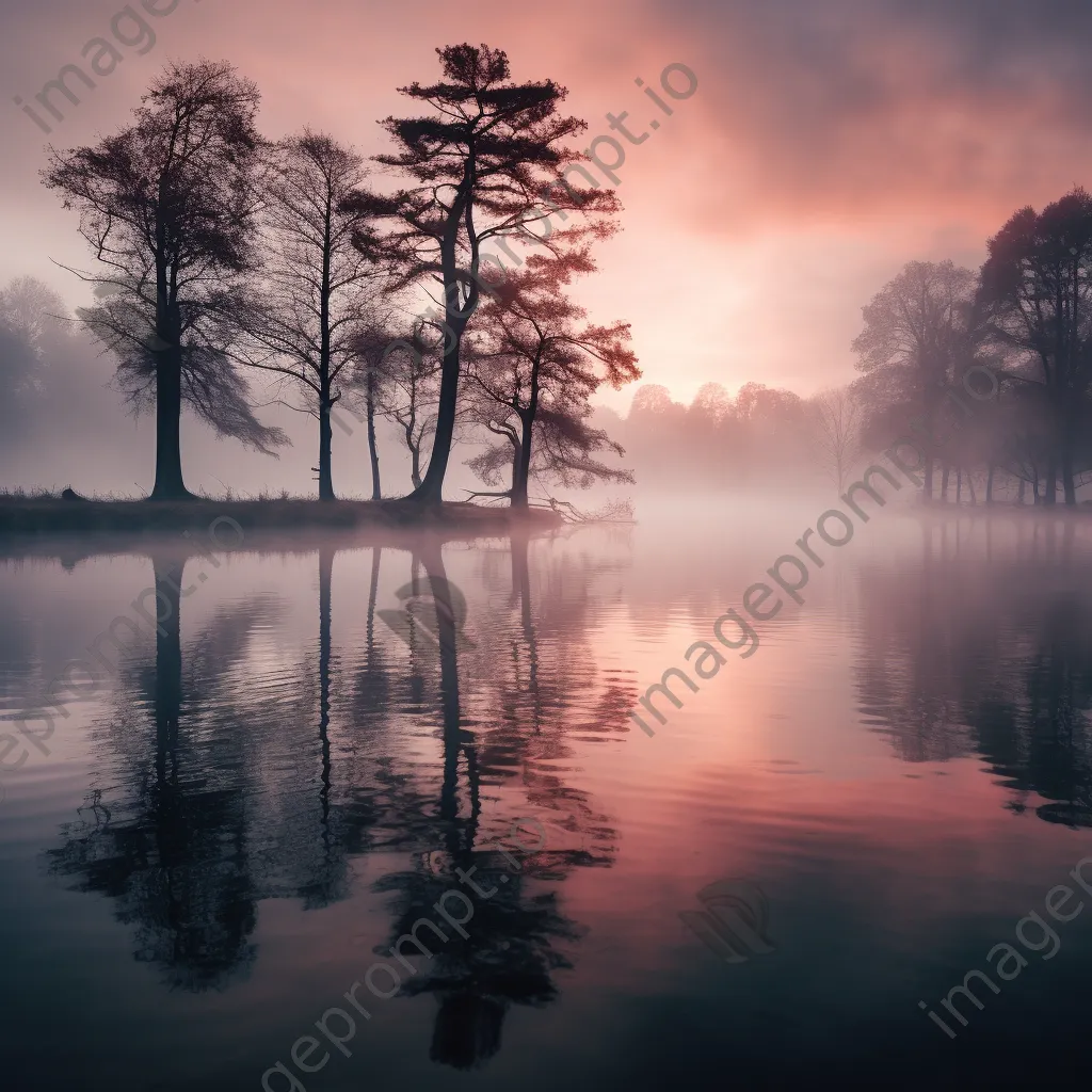 Misty morning landscape with a lake and trees reflected in water - Image 2