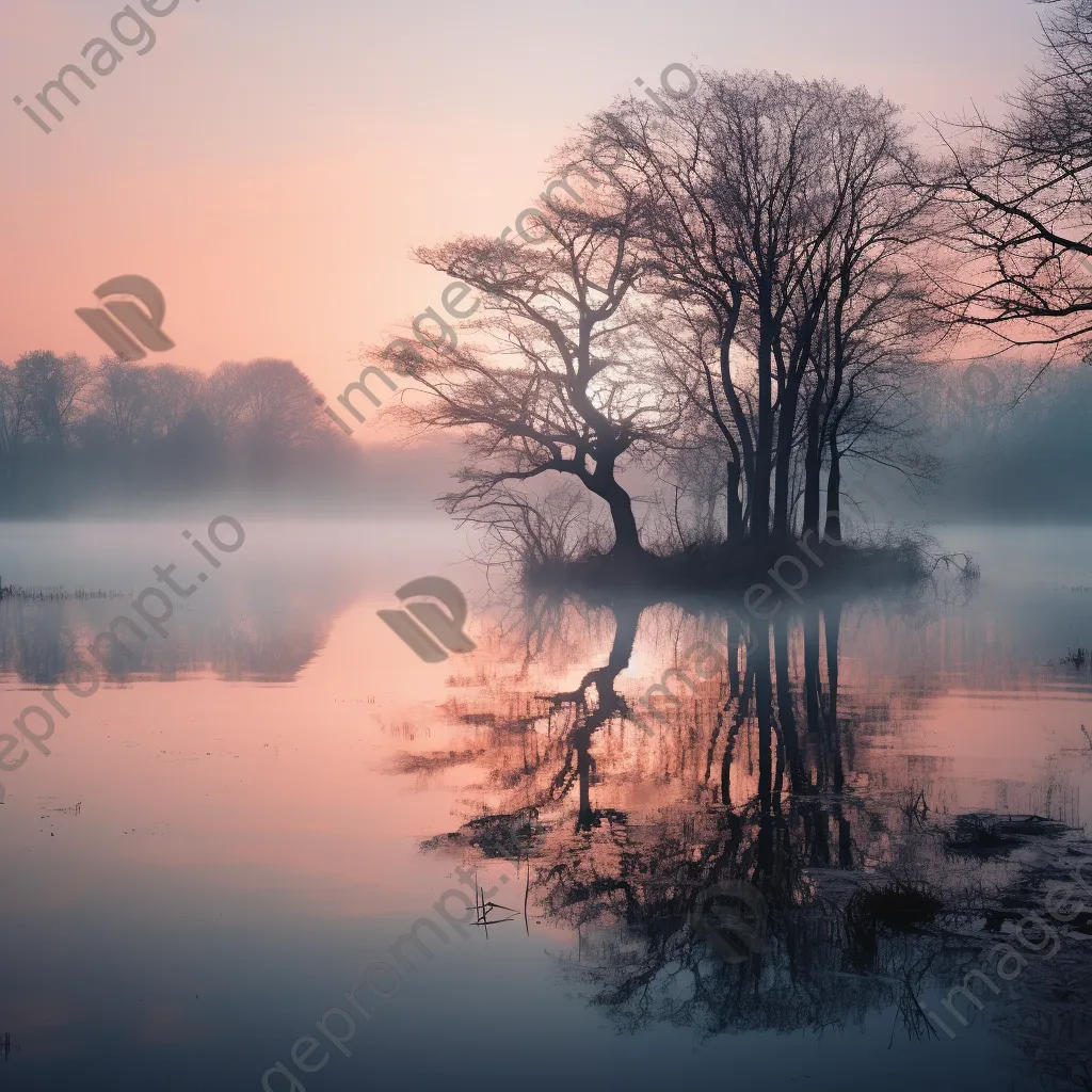 Misty morning landscape with a lake and trees reflected in water - Image 3