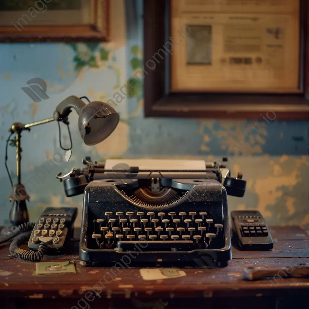 Old typewriter with vintage keys and retro telephone on a dusty desk - Image 1