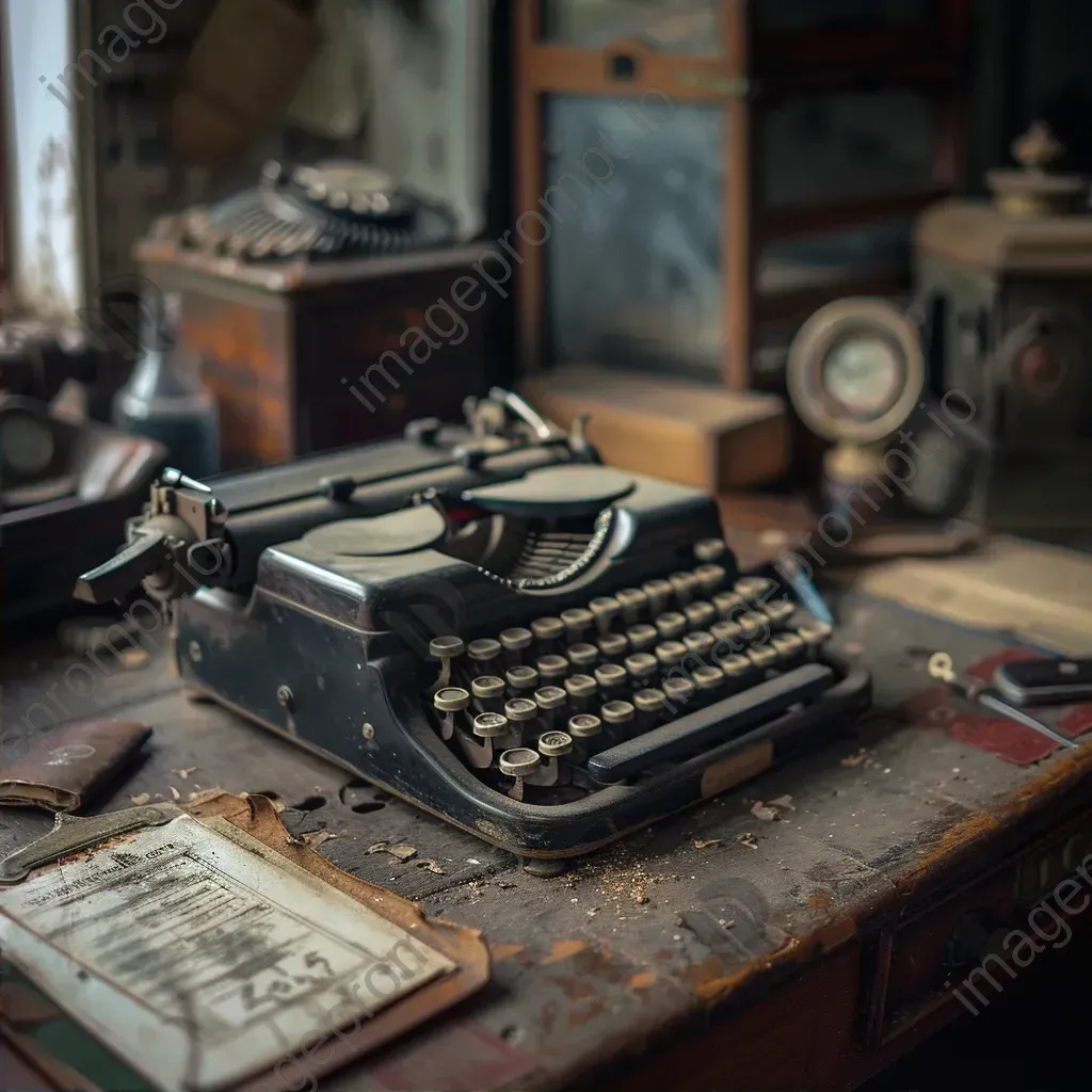 Old typewriter with vintage keys and retro telephone on a dusty desk - Image 2