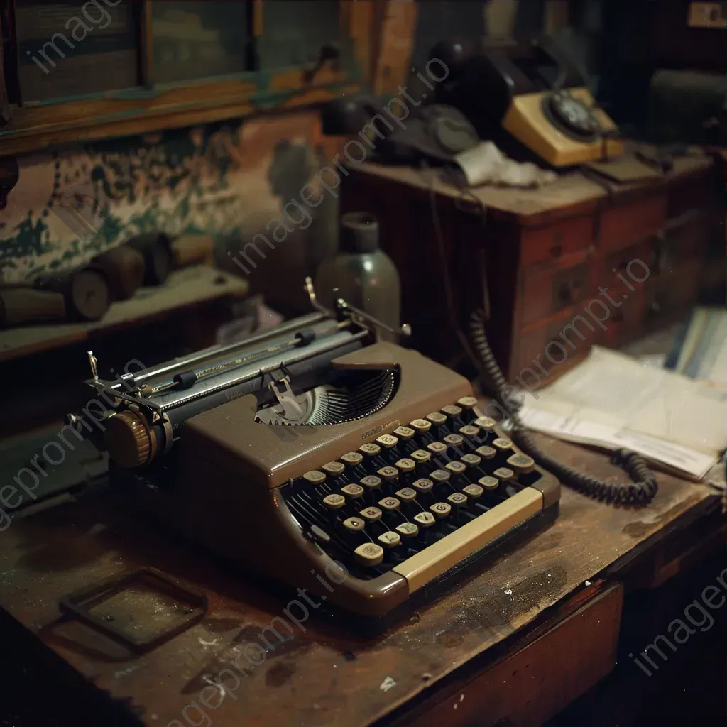 Old typewriter with vintage keys and retro telephone on a dusty desk - Image 3