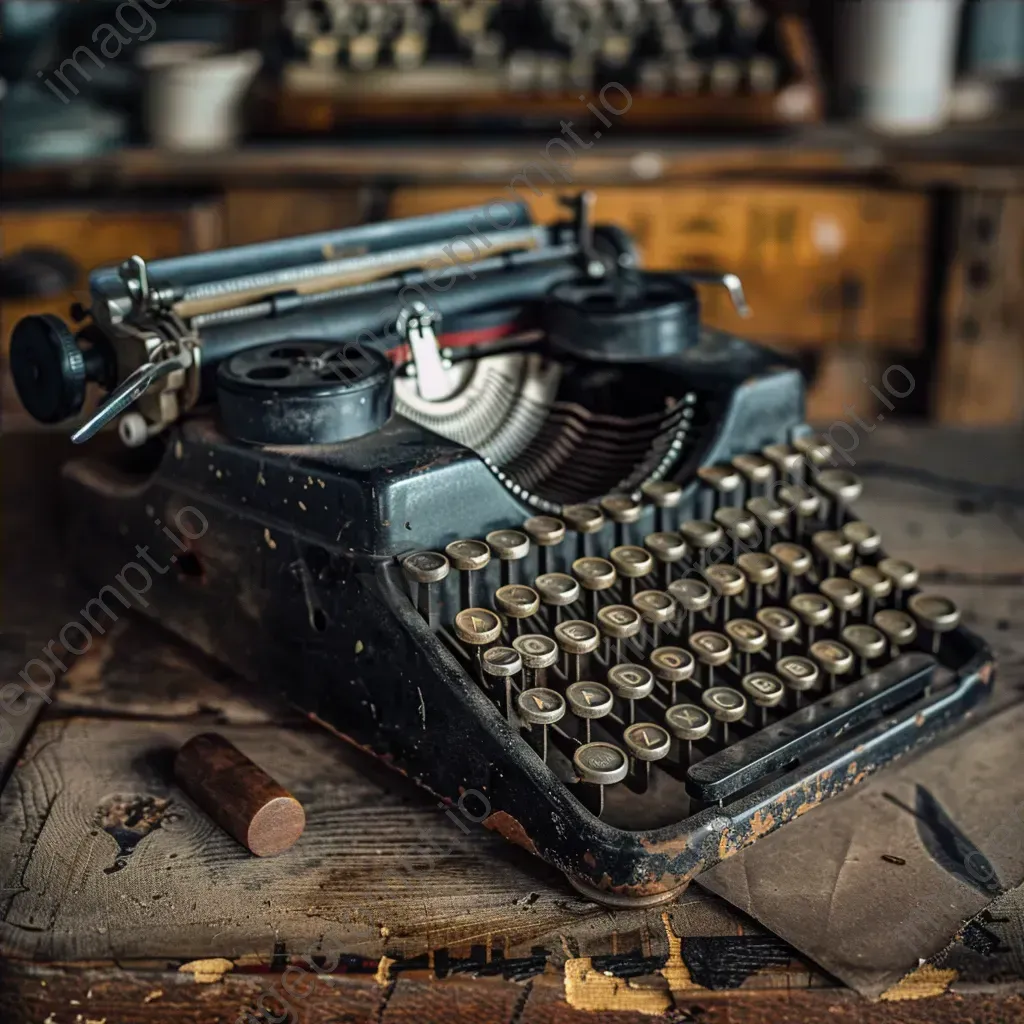 Old typewriter with vintage keys and retro telephone on a dusty desk - Image 4