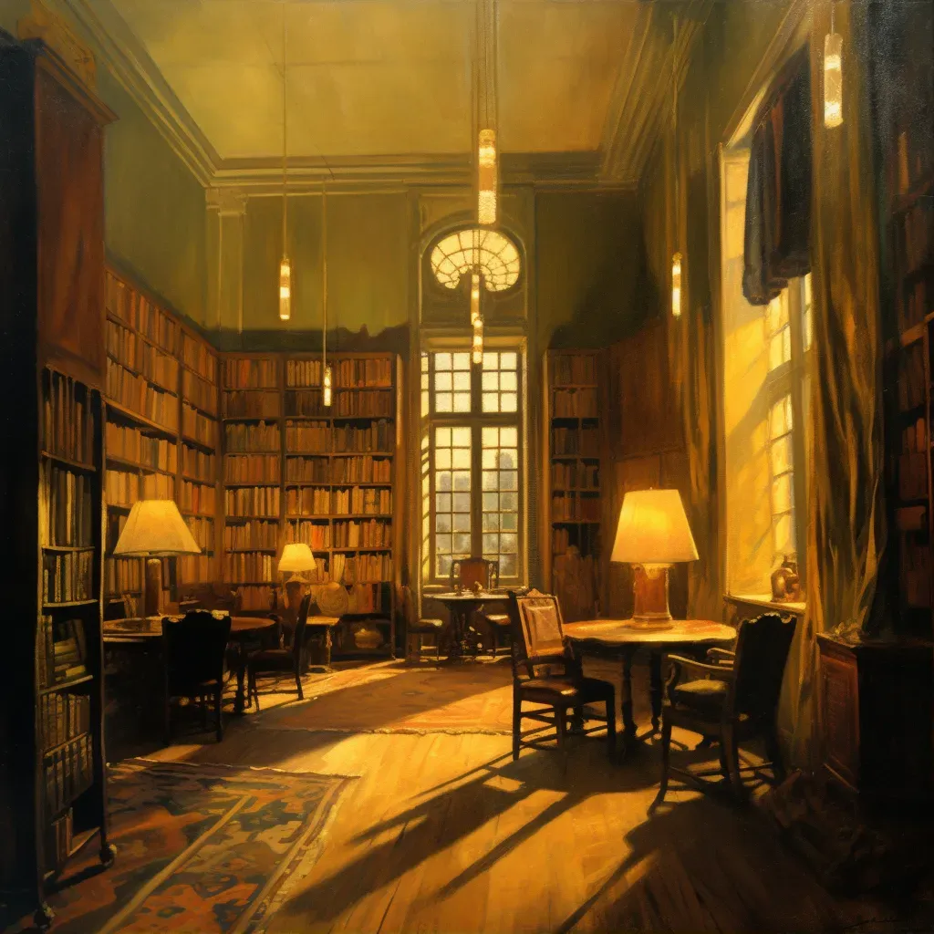 Image of a quiet night library with table lamp glow - Image 1