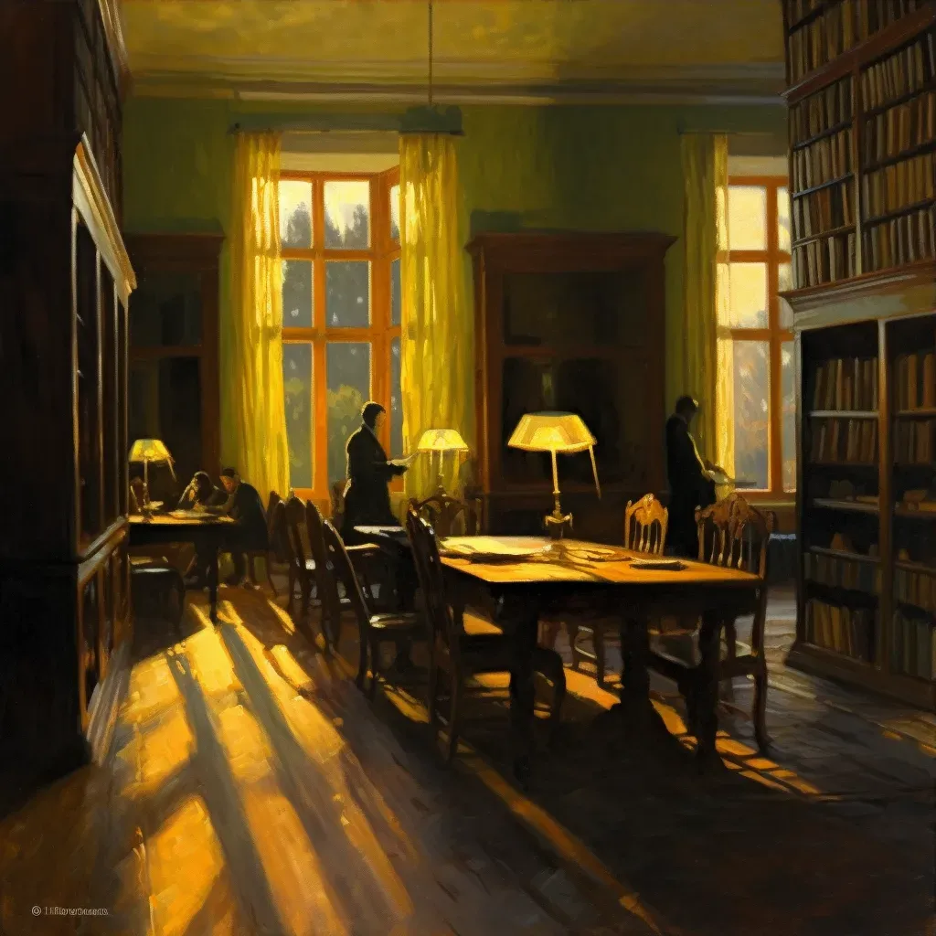 Image of a quiet night library with table lamp glow - Image 3