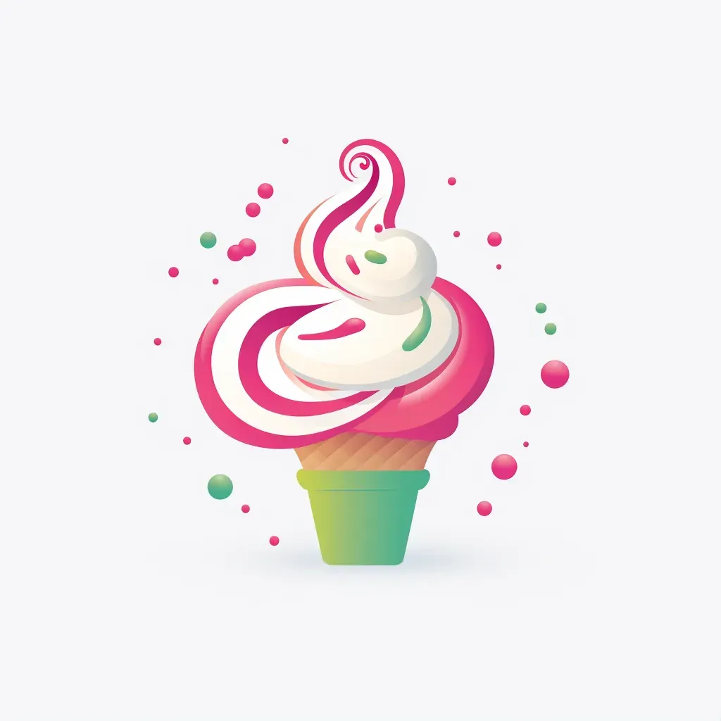 Logo for a frozen yogurt shop with a stylized swirl icon in pink and green colors on a white confetti background - Image 1