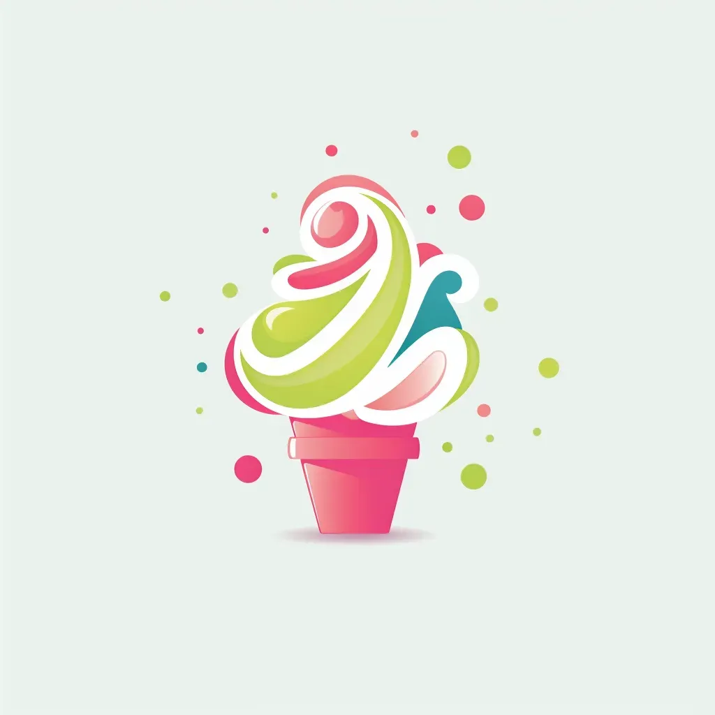 Logo for a frozen yogurt shop with a stylized swirl icon in pink and green colors on a white confetti background - Image 2