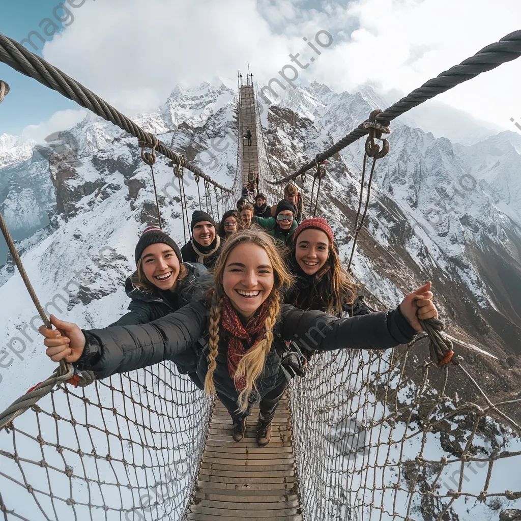 Group of friends crossing a rope bridge with mountains - Image 1