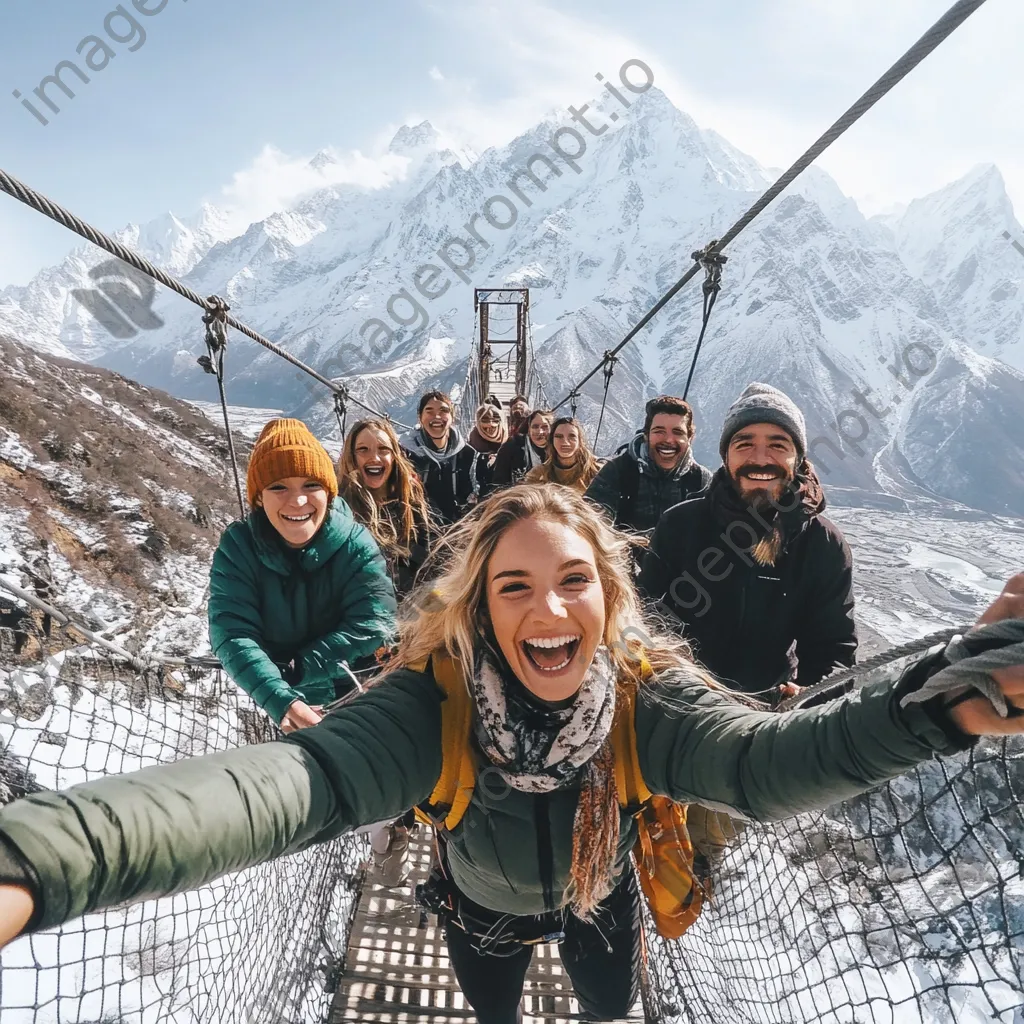 Group of friends crossing a rope bridge with mountains - Image 2