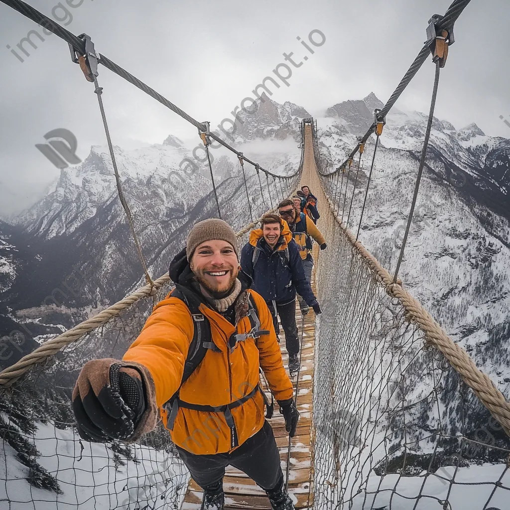 Group of friends crossing a rope bridge with mountains - Image 3