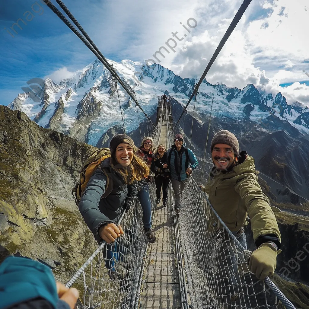 Group of friends crossing a rope bridge with mountains - Image 4