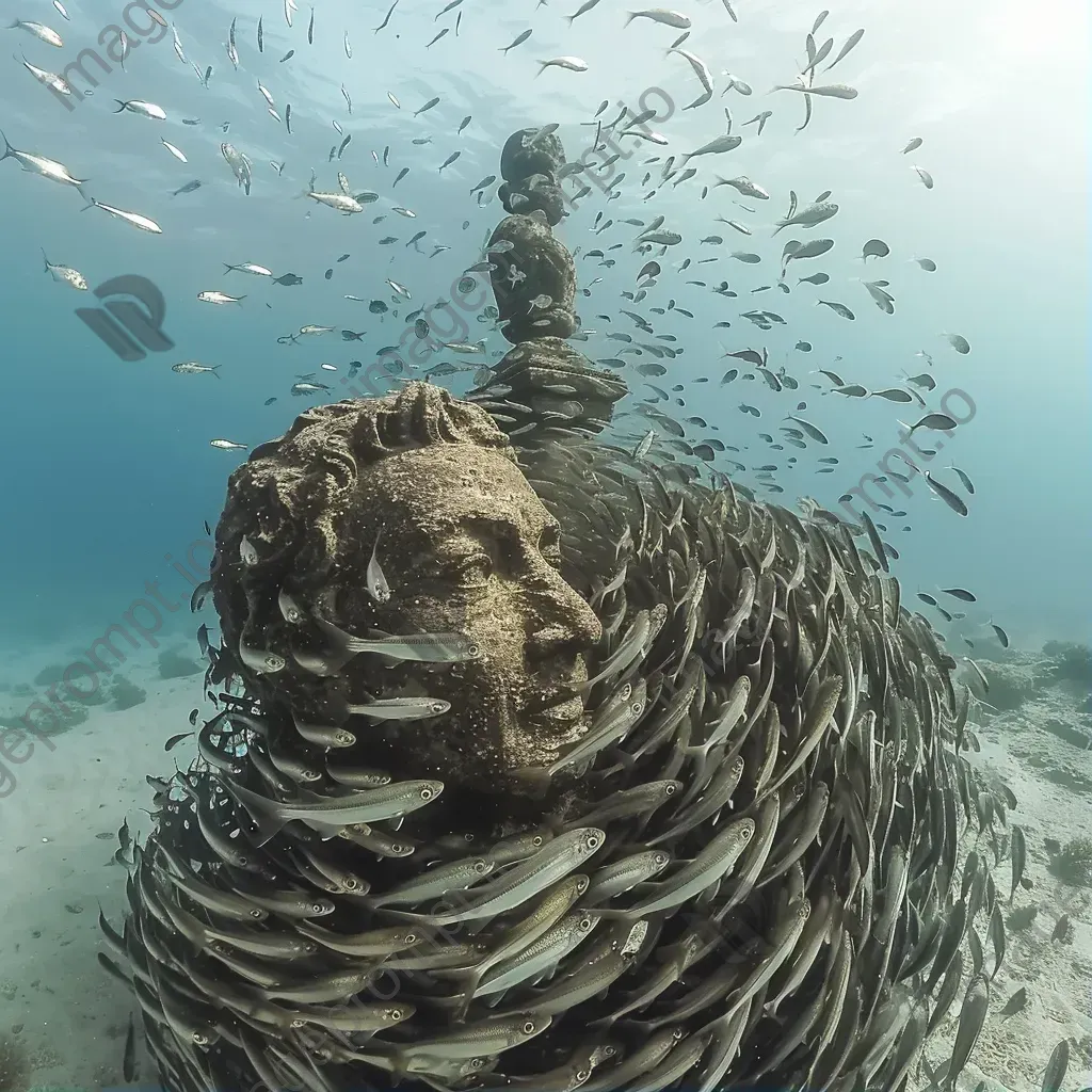 Sardines swirling around underwater statue - Image 1