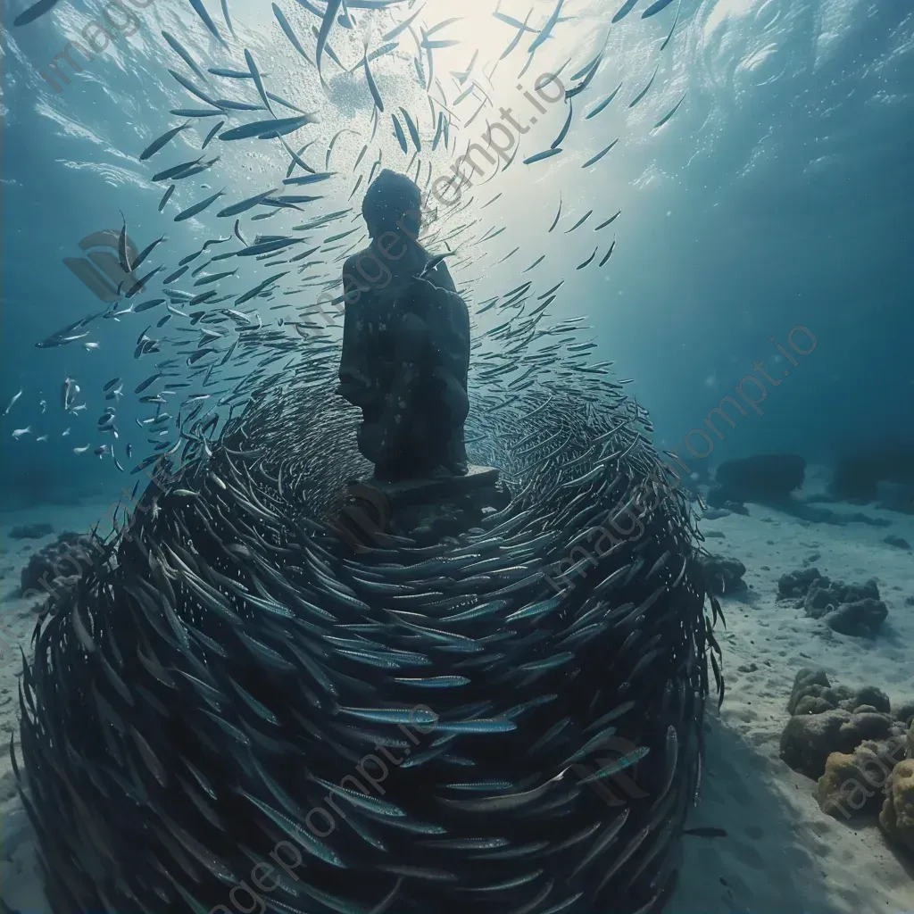 Sardines swirling around underwater statue - Image 2