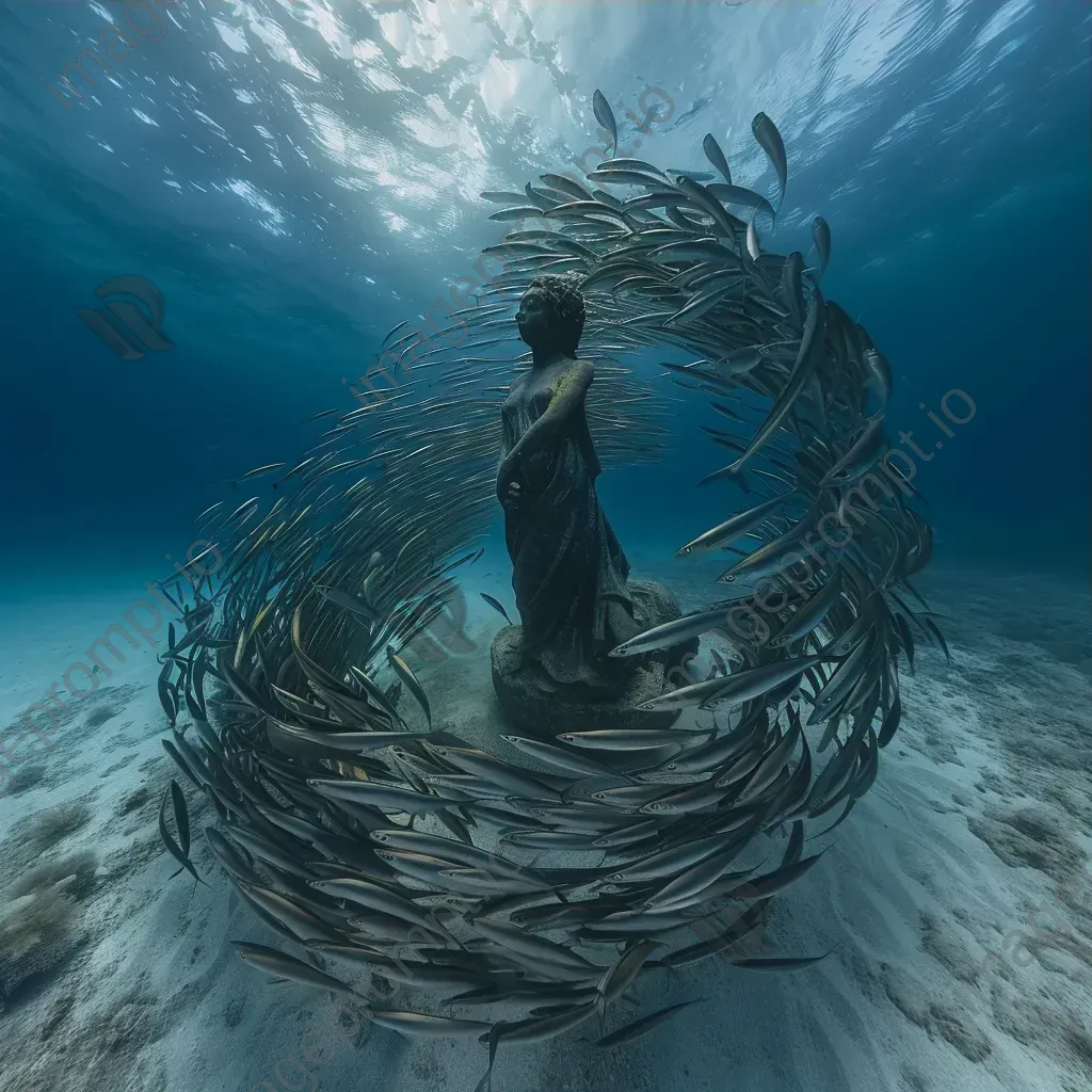 Sardines swirling around underwater statue - Image 3