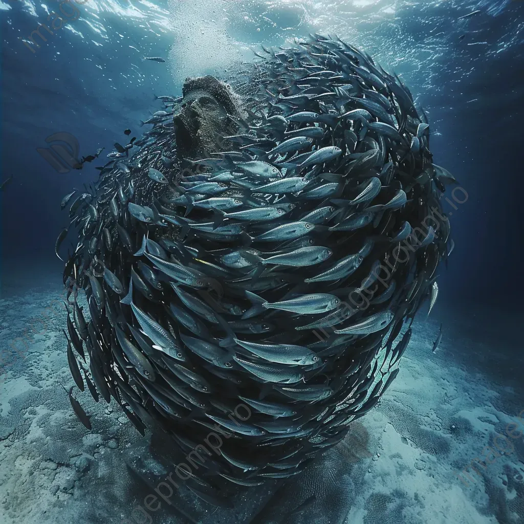 Sardines swirling around underwater statue - Image 4