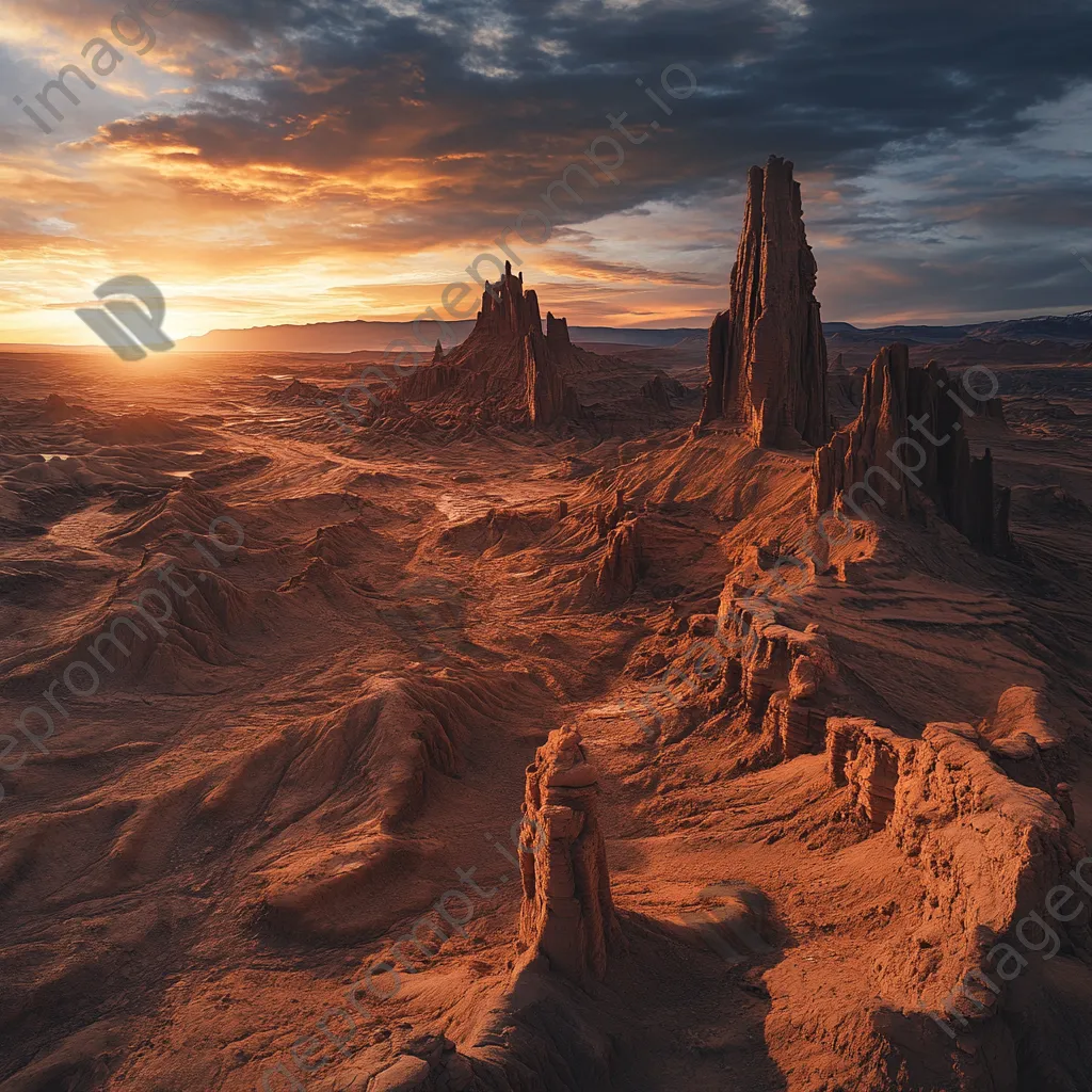 Sunrise casting soft light over dramatic desert rock formations - Image 1