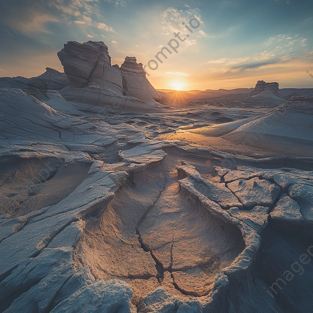 Sunrise casting soft light over dramatic desert rock formations - Image 2