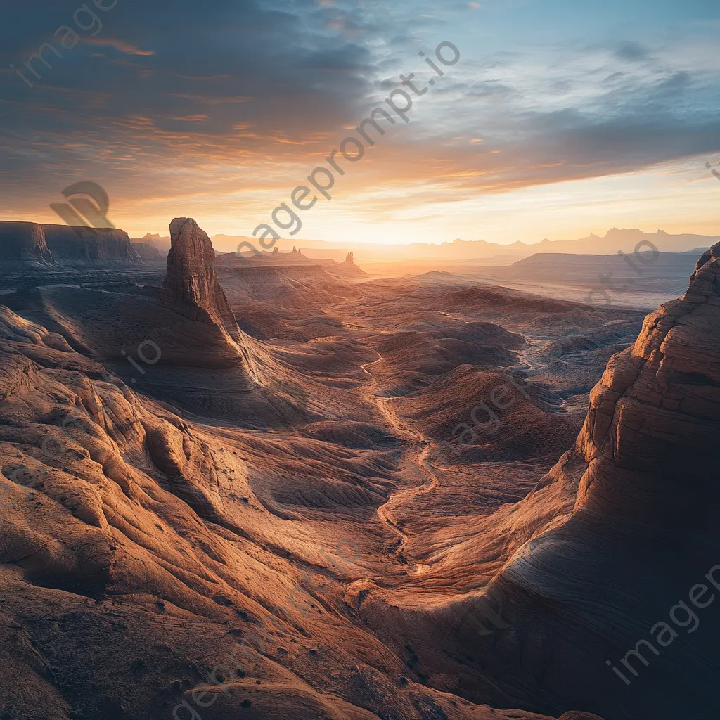 Sunrise casting soft light over dramatic desert rock formations - Image 4