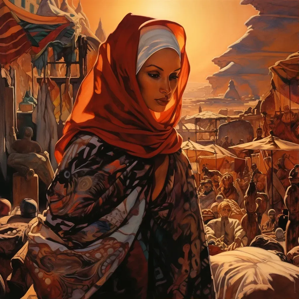 Woman in a hijab at a sunset market in a bustling market - Image 1