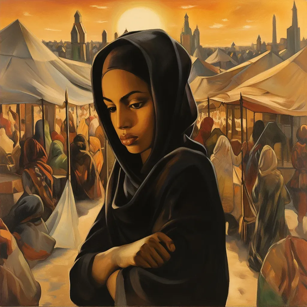 Woman in a hijab at a sunset market in a bustling market - Image 2